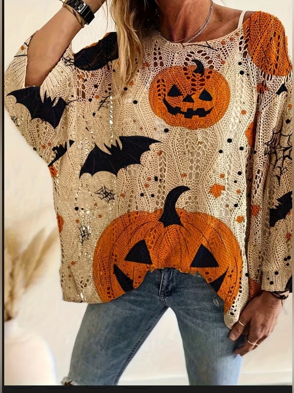 Halloween Pumpkin Open Knit Sweater Spooky Bat Boho Pullover